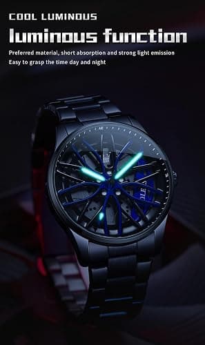 OLEVS Watches for Men Skeleton Quartz Racing Car Wheel Stainless Steel Casual Sports Waterproof Luminous Mens Watches thumbnail 5