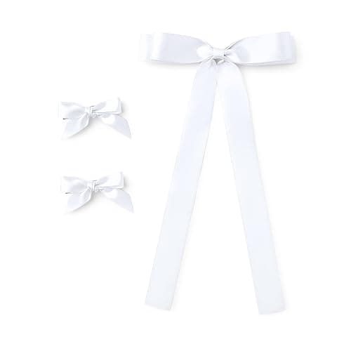 Satin Hair Bows Set of 3, 2 Mini Ribbon Bows and 1 Thick Ribbon Bow with Tails (White) - Image 1