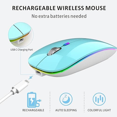 Uiosmuph LED Wireless Mouse, G12 Slim Rechargeable Silent Mouse, 2.4G Portable USB Optical Wireless Computer Mice with USB Receiver and Type C Adapter (Blue) thumbnail 4
