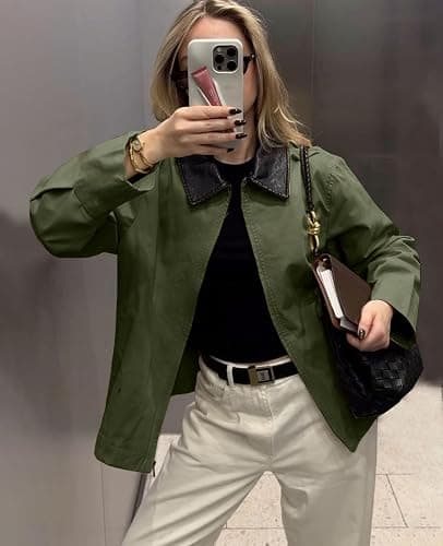 TITOMD Womens Barn Jackets Contrast Collar Cropped Bomber Jacket Zip Up Lightweight Canvas Coats 2025 Outfits thumbnail 5