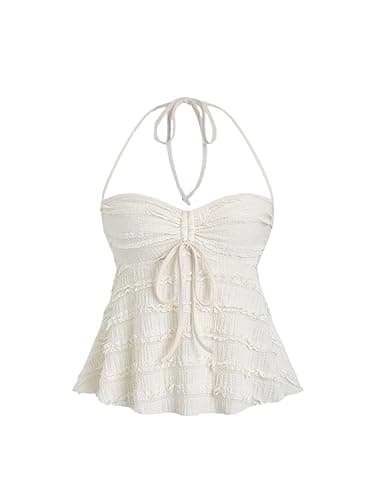 SOLY HUX Women's Peplum Halter Crop Tops Y2K Drawstring Tie Ruched Dressy Casual Spaghetti Strap Cami Top - Small - Apricot