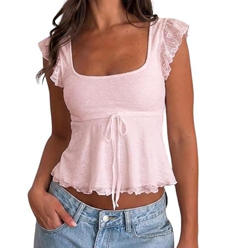 WYFC Lace Tops for Women Babydoll Tank Cap Sleeve Cute Going Out Shirt - Image 1