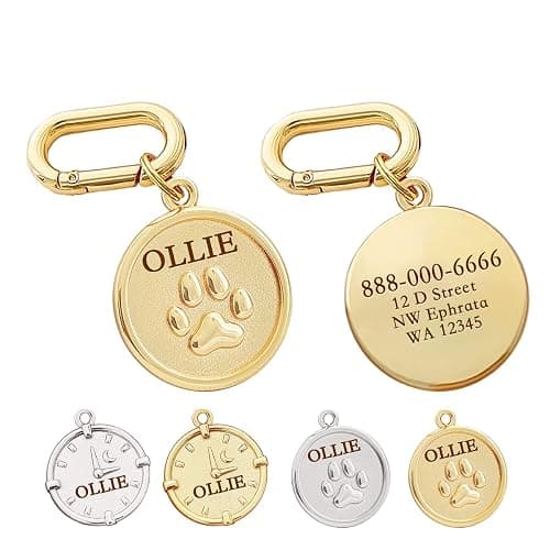 MEMOPAW Dogs ID Tags Personalized Double Sided Deep Engraved Cat & Dog Collar Charm Round Shape Frosting Process Silver/Gold Plated (PAW-Gold) - Image 1