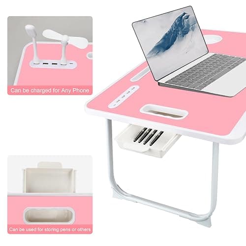 Laptop Bed Table, Laptop Desk for Bed, Foldable Laptop Bed Desk with USB Charge Port, Handle, Desktop Card Slot, Cup Slot, Side Drawer, Portable Laptop Table for Bed Eating Reading Working thumbnail 3