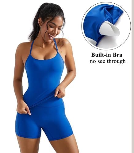 OMKAGI 2 Piece Workout Sets for Women Padded Sports Bra Tank Booty Gym Shorts with Pockets thumbnail 3