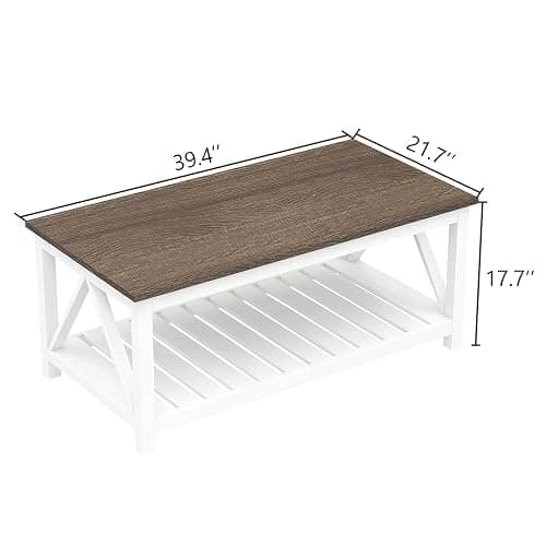 ChooChoo Farmhouse Coffee Table, Rustic Vintage Living Room Table with Shelf, 40 White thumbnail 2