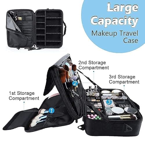 gzcz Travel Makeup Bag,Professional Cosmetic Bags for Women,Portable Makeup Brush Case Organizer Storage with Adjustable Dividers and Shoulder Strap (Medium) thumbnail 4