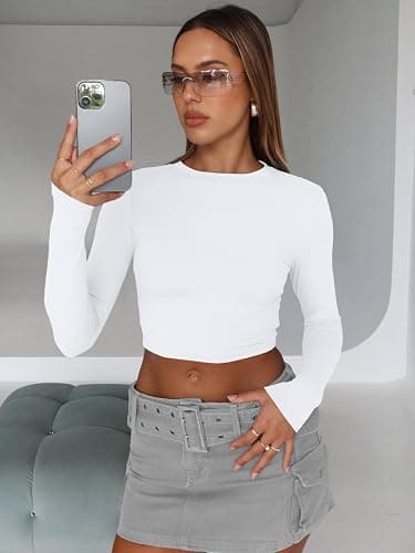 Trendy Queen Womens Long Sleeve Crop Tops Basic Slim Fitted Shirts Fashion 2025 Going Out Y2k Tops Teen Girl Clothes thumbnail 3