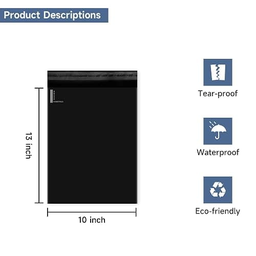 KKBESTPACK 100 Large Poly Mailers 10x13 Shipping Bags for Small Business – Self Sealing Package Envelopes (10 x 13 Pack of 100, Black) thumbnail 2
