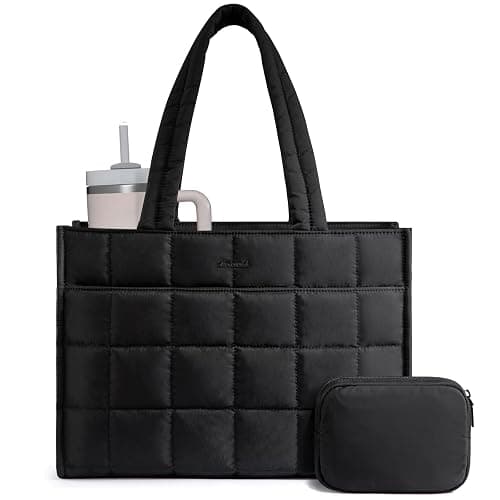 LOVEVOOK Tote Bag for Women, Puffer Work Handbag 15.6 Inch Laptop Purse for Nurse Teacher, Large Quilted Travel Tote Shoulder Bag with Zipper for College Office Clinical Gym, Black - Image 1