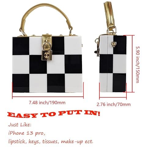Black White Checkerboard Acrylic Clutch Purse Bag Women Box Evening Bags Acrylic Chain Crossbody Handbag(Stitching) thumbnail 5