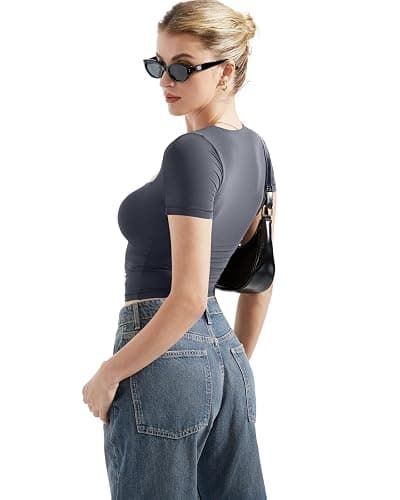 SUUKSESS Women Double Lined Fitted Basic Tee Square Neck Short Sleeve Y2K Crop Top thumbnail 3