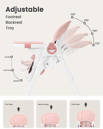 Babilous Foldable High Chair with Soft Cushion, High Chairs for Babies and Toddlers, Height Adjustable Feeding Chair, Adjustable Backrest and Footrest, Lockable Wheels, Star Pink thumbnail 4