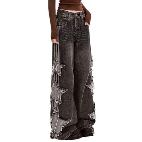 PEAINJ Star Jeans for Women Girls Baggy Cute Patchwork Denim Pants | Y2K Jean Pants,2000s Baggy Star Jeans,High Rise,Classic 4 Pockets,Grunge Trendy Clothes,Casual Aesthetic Outfits thumbnail 3
