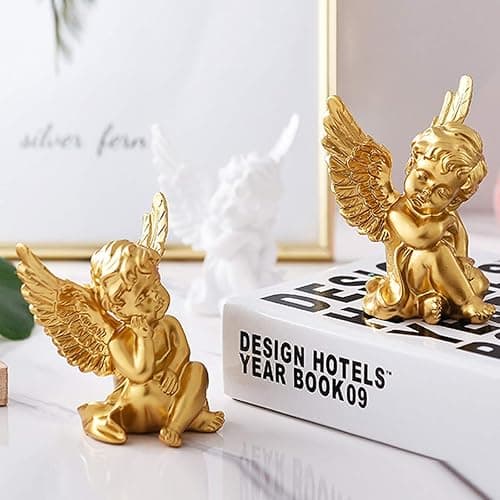 OwMell Set of 2 Cherubs Angels Resin Statue Figurine, Indoor Home Decoration, Adorable Angel Sculpture Memorial Statue 4" - Gold thumbnail 2