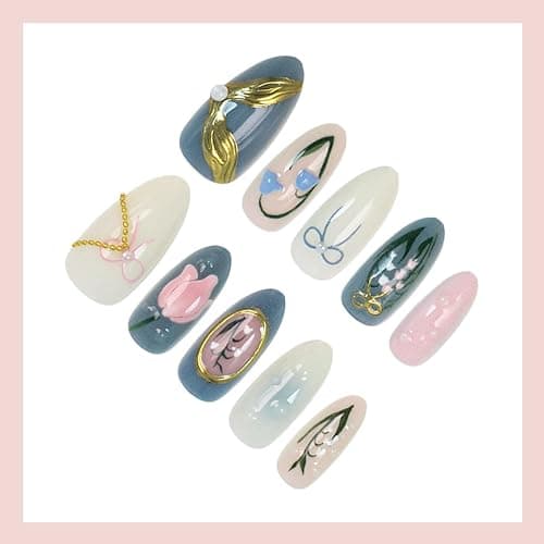 30pcs Almond Press on Nails Medium Handmade Fake Nail Art, 3D Tulip Water Drop Removable Design French Tip Press on False Nail Tips Light Blue Artificial Acrylic Nail Spring Summer Nails Set thumbnail 2