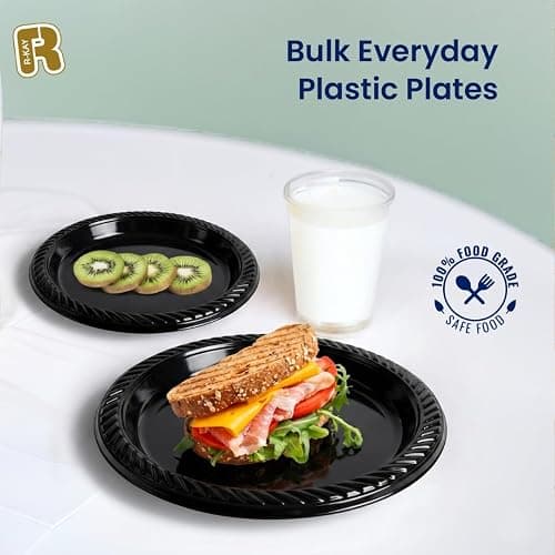 R-kay 100 Pack 6 Inch Black Plastic Plates Disposable - Heavy Duty Black Dessert Plates Disposable - Microwavable Small Disposable Plastic Plates thumbnail 5