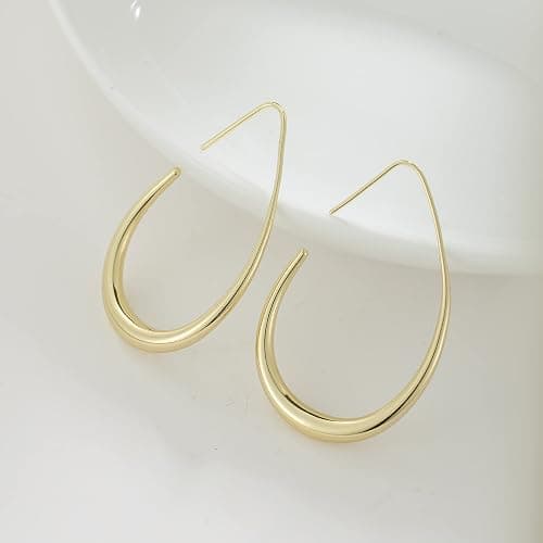 Lightweight Teardrop Hoop Earrings for Women - 14k Gold/White Gold Plated Large Oval Pull Through Hoop Earrings High Polished Statement Jewelry Gift for Women thumbnail 3