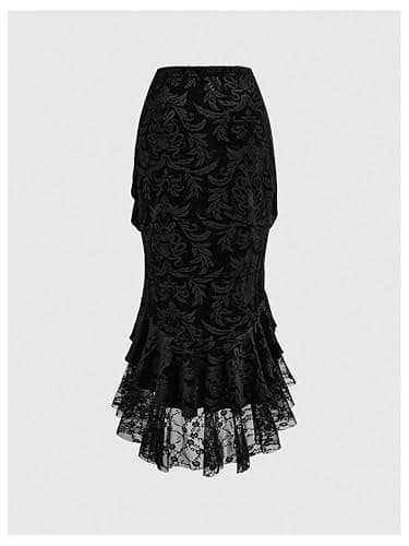 Verdusa Women's Goth Gothic Lace Fishtail Skirts Ruffle Vampire Bodycon Long Skirt thumbnail 2