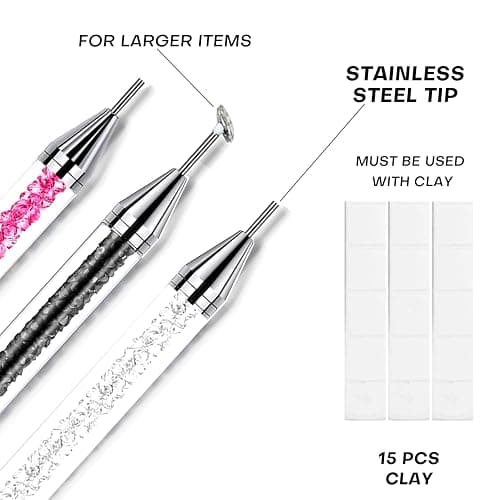 13 Pcs Rhinestone Picker Tool - 3 Pcs Dual-head Pens with 6 Wax Tips, 15 Pcs Clay, Precision Curved and Straight Tweezers Kit for Picking Up Nail Art Gems, Stones, Crystals, and Nail Charms thumbnail 3