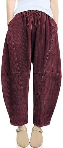 TARSE Womens Corduroy Baggy Harem Pants | Casual Loose Fit Wide Leg Pants, Elastic Waist Baggy Barrel Trousers, Side Pockets, Lounge Soft warm - Image 1