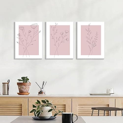 WARTHZ Pink Flower Wall Art Light Pink and White Botanical Line Pictures Wall Decor Painting Set of 3 Floral Plant Poster Canvas Print for Girl Bedroom Living Room Framed 16x24 inch thumbnail 6
