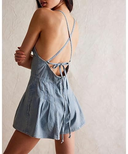 TACSTRUN Women's Sexy Spaghetti Straps Denim Short Jumpsuit High Waist Deep V-Neck Backless Lace Up Jean Romper thumbnail 2