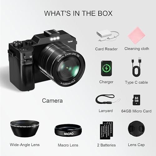 Yatao Digital Camera with WiFi, 4K 5K 64MP Photography Camera Kit for YouTube, Front and Rear Dual Camera for Convenient Selfie, Equipped with 64GB Micro Card, Wide & Macro Lens, Card Reader thumbnail 9