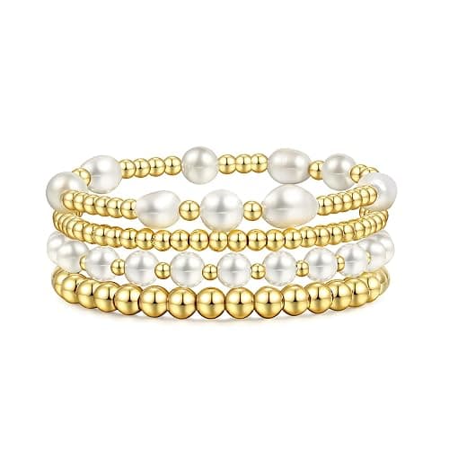 Gold Beaded Bracelets for Women Baroque Pearl Stackable14K Gold Plated Stretch Bead Ball Bracelet Jewelry Gifts thumbnail 9