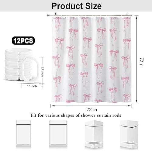 LYLYCTY Pink Bow Shower Curtain, Cute Coquette Preppy Aesthetic for Teens Girls Bathroom Decor Curtains with 12 Hooks, 72x72 inches thumbnail 2