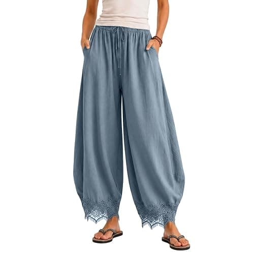 Womens Cropped Lace Trim Pants High Waisted Elastic Drawstring Wide Leg Trousers Casual Flowy Boho Pant with Pockets thumbnail 4