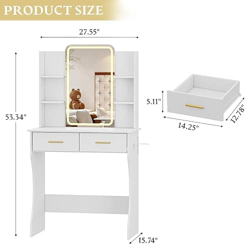 Xixini Vanity Desk with LED Lights Mirror & Power Outlet, Small Makeup Vanity Table Set with Storage Drawers, 3 Lighting Modes & Adjustable Brightness, Dressing Table for Women Girls Bedroom, White thumbnail 2