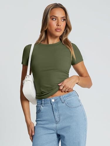 Trendy Queen Womens Basic T Shirts Summer Tops 2025 Crop Short Sleeve Slim Fit Tee Cute Gym Workout Clothes thumbnail 5