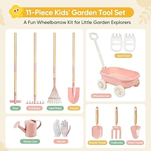 Grenebo Kids Gardening Set with Wheelbarrow, 11-Piece Outdoor Yard, Beach, STEM Garden Play Kit with Child-Sized Tools, Durable, Safe & Fun Gift Toy for Ages 2+ Kids Toddlers Boys Girls (Pink) thumbnail 4