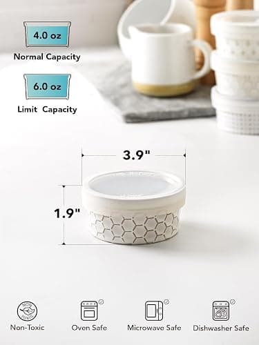 LE TAUCI Ramekins Oven Safe with Lids, 4 oz Charcuterie Boards Bowls Set for Creme brulee, Souffle, Dipping Sauces, Ceramic Food Storage Containers - 3.8 inch, Set of 4, Arctic White thumbnail 4