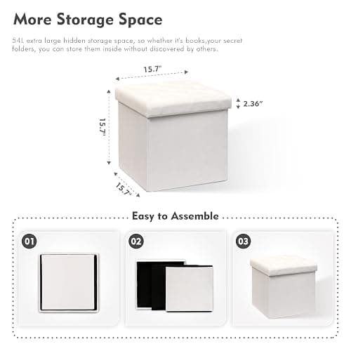 B FSOBEIIALEO Storage Ottoman Velvet Tufted Folding Ottomans Footstool Rest Seat with Removable Lid (White, Medium) thumbnail 3