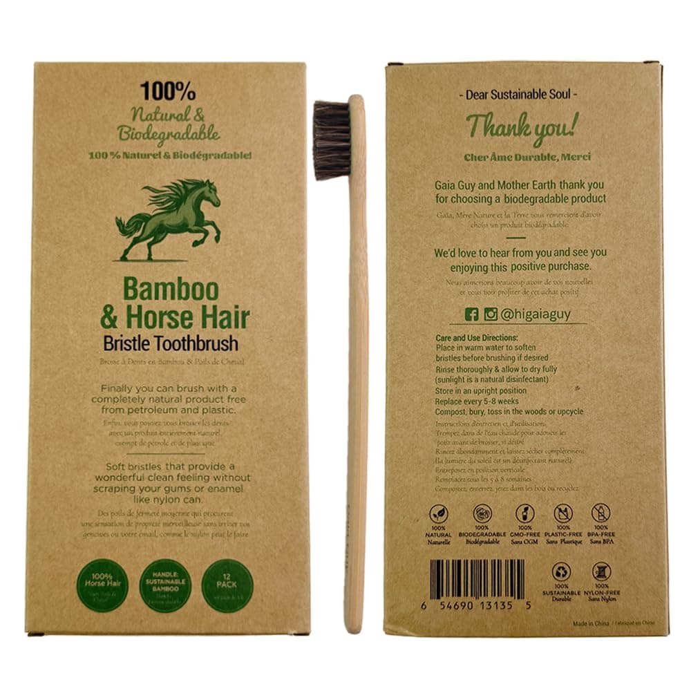 Gaia Guy Soft Natural Bristle Bamboo Toothbrush (NO Nylon - Horse Hair ONLY) - Totally Compostable & Biodegradable Soft Horsehair Bristle and Bamboo Toothbrushes - Zero Waste & Plastic-Free thumbnail 5