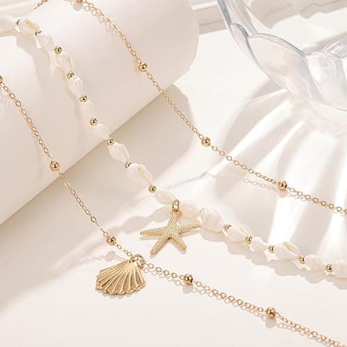 Seashell Starfish Necklace for Women Summer Pearl Beach Conch Shell 14k Gold Layered Dainty Choker thumbnail 4