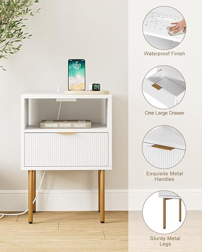 AEPOALUA Nightstand with Charging Station,Morden Bedside Table with Gold Frame,Small White Night Stand,End Table,Bedside Furniture,Side Table with Drawer and Shelf for Bedroom,Living Room thumbnail 5