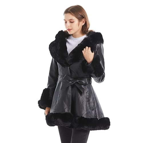 GRAN ORIENTE Women's Faux Leather Jacket with Faux Fur Collar, Winter Long Sleeve Furry Trim Peplum Parka Coat with Belt thumbnail 2