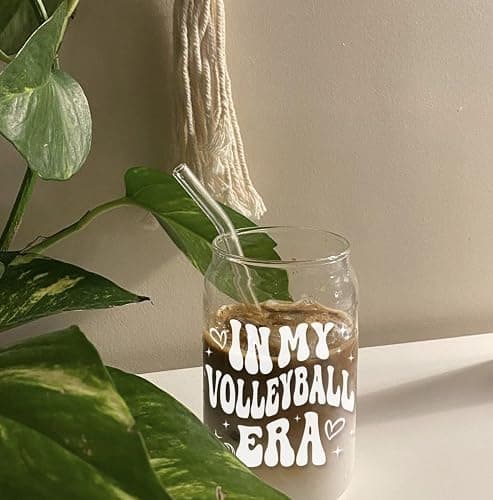 Mikopei Volleyball Gifts for Teen Girls - Cute Glass Cups with Lids and Straws, In My Volleyball Era Accessories Stuff Things Water Bottle for Women Team, Iced Coffee Cup, 16 oz Visit the Store thumbnail 7