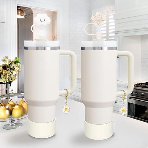 Stanley Cup Accessories Set,Including 2 Pcs 0.4in Straw Cover, 1 Silicone Spill-Proof Stopper Set of 3, 1 Cute Flower Handle Charm, 1 Silicone Boot Fits Stanley 40&30 Oz Tumbler (Cream) thumbnail 7