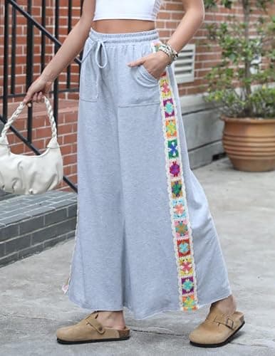 Fenclushy Womens Wide Leg Pants Stretch Casual Drawstring Waist Loose Lounge Sweatpants Crochet Panel Pant with Pocket thumbnail 4