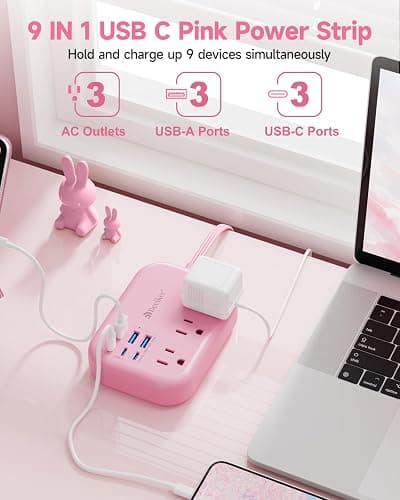 Beeiker 6 USB (3 USB C) Pink Power Strip, 5Ft Extension Cord, 3 Outlets | 3 USB C,24W/4.8A 6 USB Charging Station,Pink Desk Accessories,For Cruise Travel,Cute Kawaii College Dorm Home Essentials,5Ft thumbnail 3