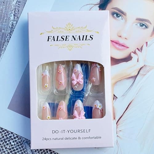 NEWSPIED French Press on Nails Medium Almond Fake Nails with 3D Flower Pink Bow Nails Design Glossy False Nails Valentines Cute Acrylic Nails White French Tip Glue on Nails for Women 24Pcs thumbnail 6