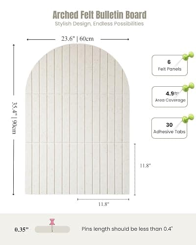 Arched Felt Bulletin Board 36" x 24", 6 Felt Tiles with 30 Removable Adhesive Tabs, Cork Board Alternaltive for Office, Vision Board & Wall Decor (Oatmeal) thumbnail 2