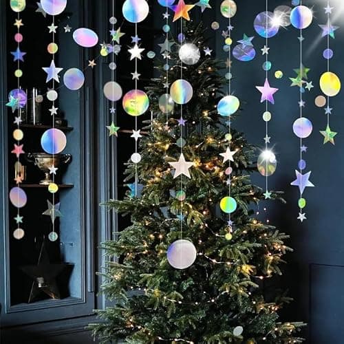 Iridescent Party Star Circle Dot Decoration Iridescent Hanging Garland Streamer Decorations Glitter Star Bunting Banner Twinkle Backdrop for Engagement Wedding Baby Shower Birthday Xmas thumbnail 2