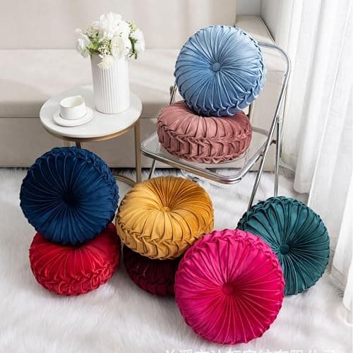 MOCOFO Round Velvet Throw Pillow, Pumpkin Shape Decorative Floor Cushion, Handcrafted Pleated Design, 14 and 16 Inch Diameter, Multiple Colors, Polyester Fill (Dark-Gray, 14") thumbnail 3