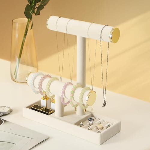 Pangkeep Jewelry Holder Stand,2 Tier Necklace Bracelet Organizer with Tray,Jewelry Displays for Selling Bangles Scrunchie Hair ties Watches and Chains (Beige) thumbnail 2