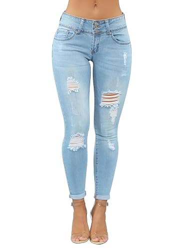 KUNMI Women's Skinny Ripped Trendy Jeans Distressed Stretchy Denim Pants thumbnail 2